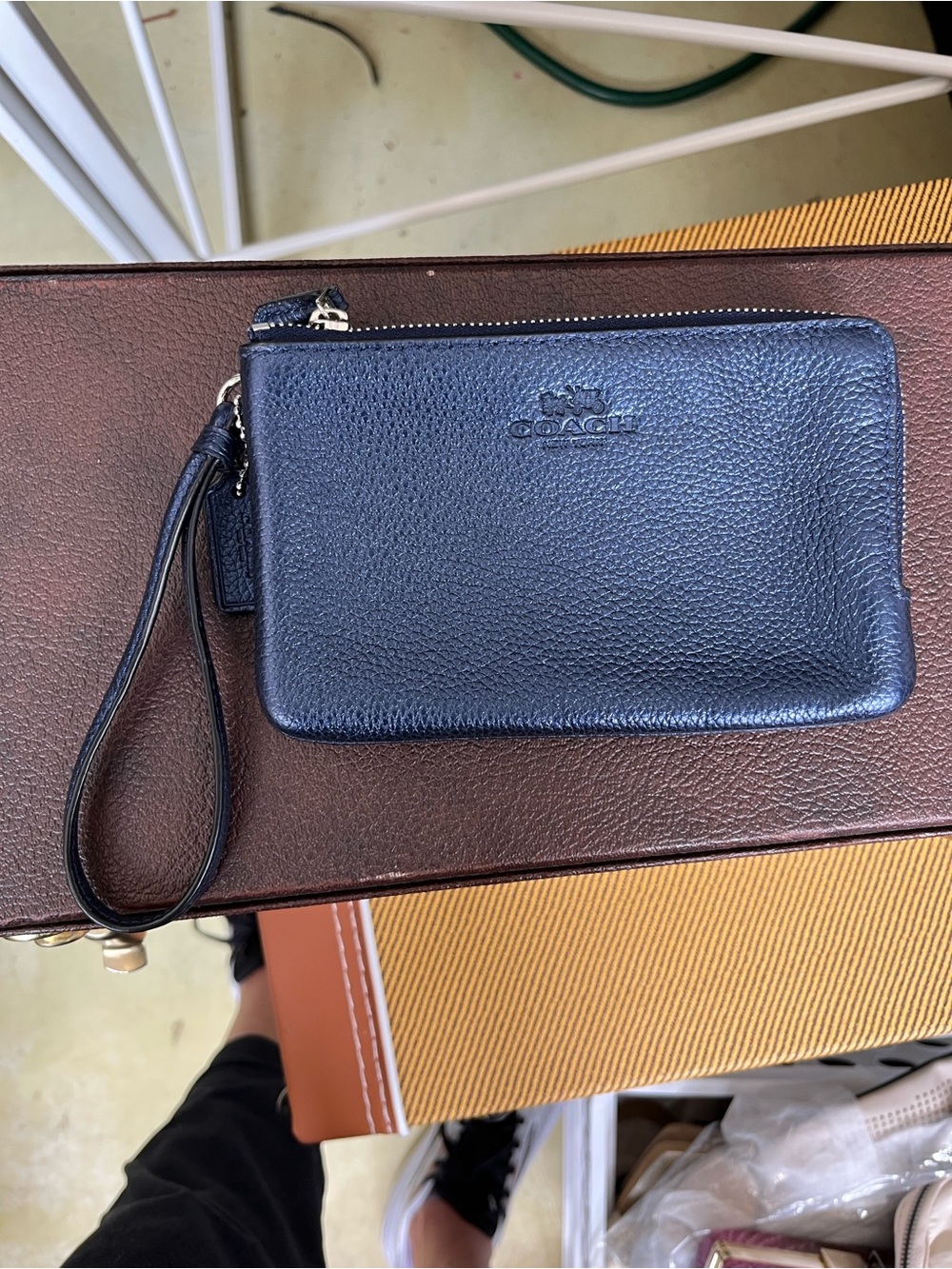 Coach Blue Pebbled Leather Double Corner Zip Wristlet with Strap